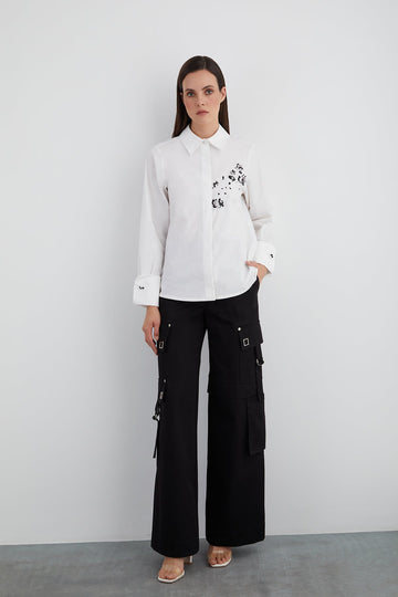 White Shirt With Long Sleeves Embroidered Embroidery Detail