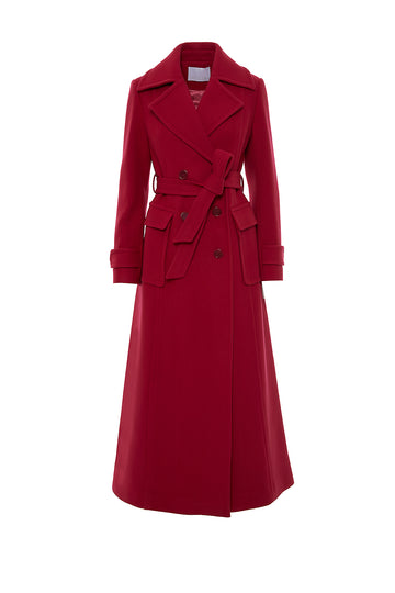 Long Pink Coat With Portable Girdle And Large Pockets