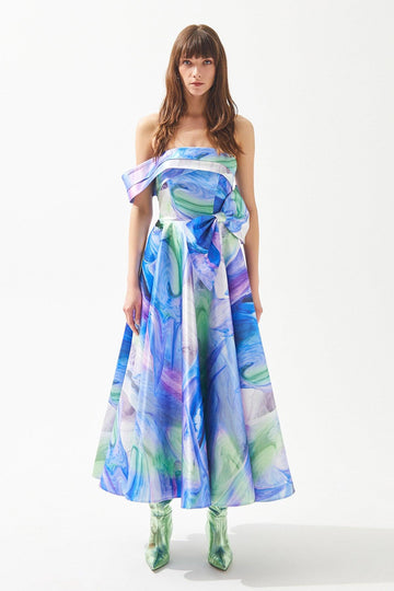 Blue Marbling Patterned Bow Detailed Single Low Sleeve Long Dress
