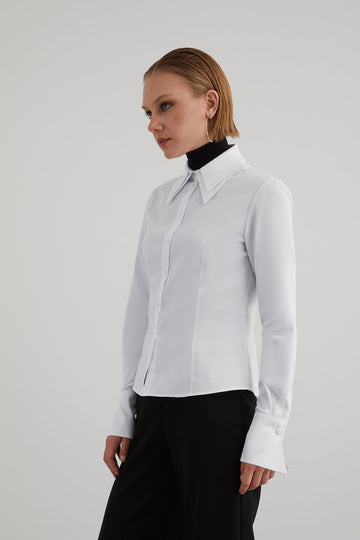 Fit Cut Lycra Poplin Cotton Shirt With Triangle Tipped Cuff