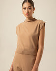 Camel Knitwear Blouse With Shoulder Button Detail