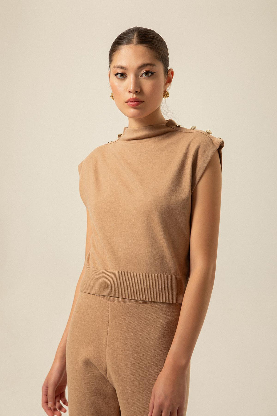 Camel Knitwear Blouse With Shoulder Button Detail