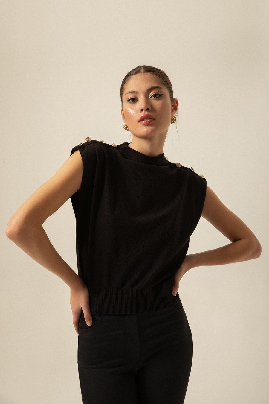 Black Knitwear Blouse With Shoulder Button Detail