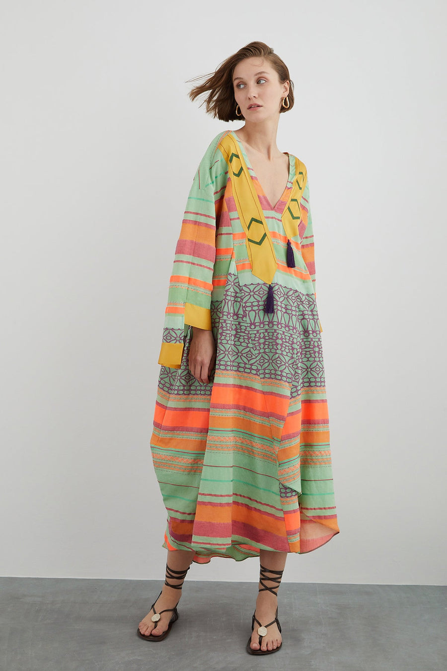 Patterned Oversize Dress With Front Body Tassels Embroidery