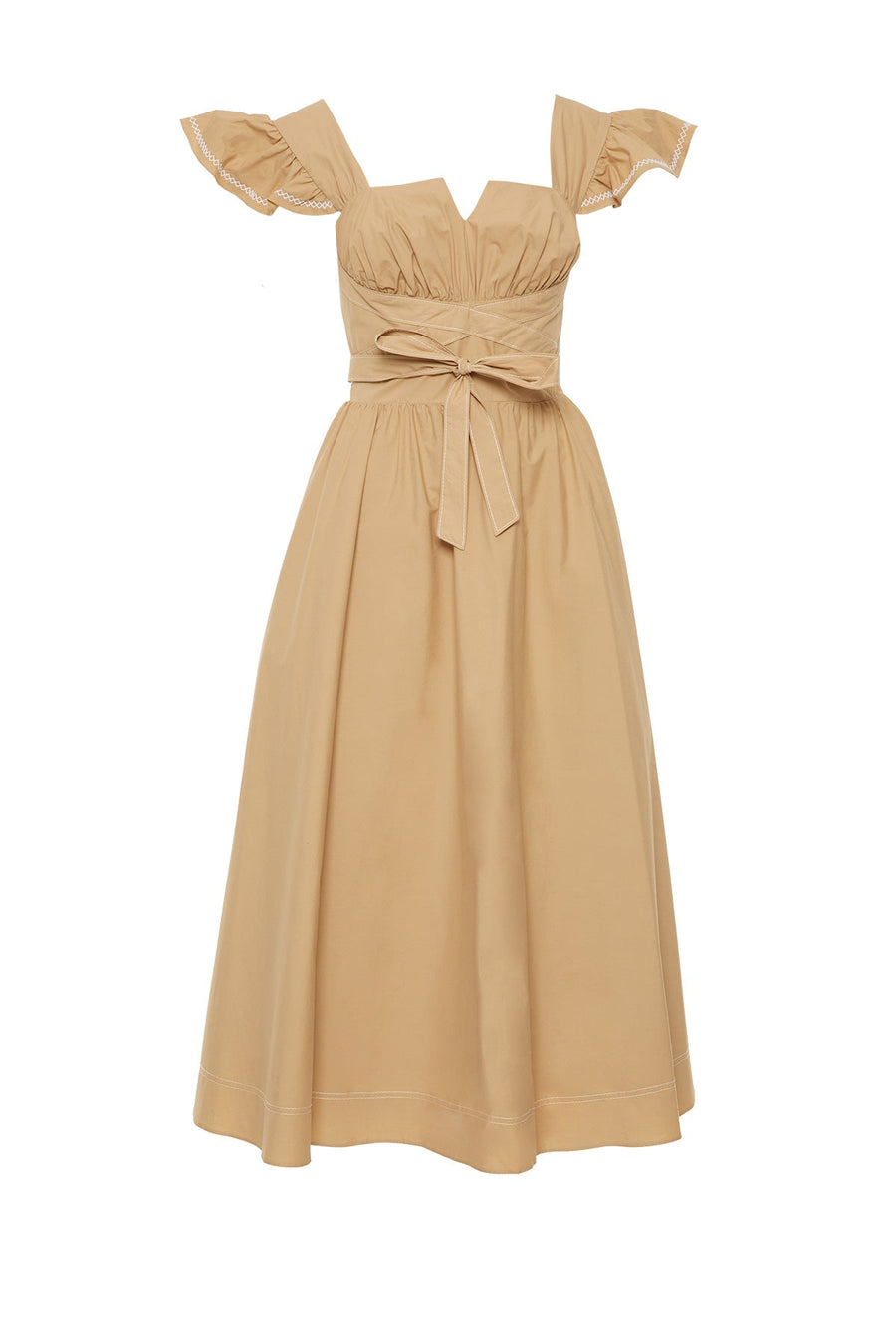 Beige Dress With Flywheel Sleeves And Fixed Waist Fastening