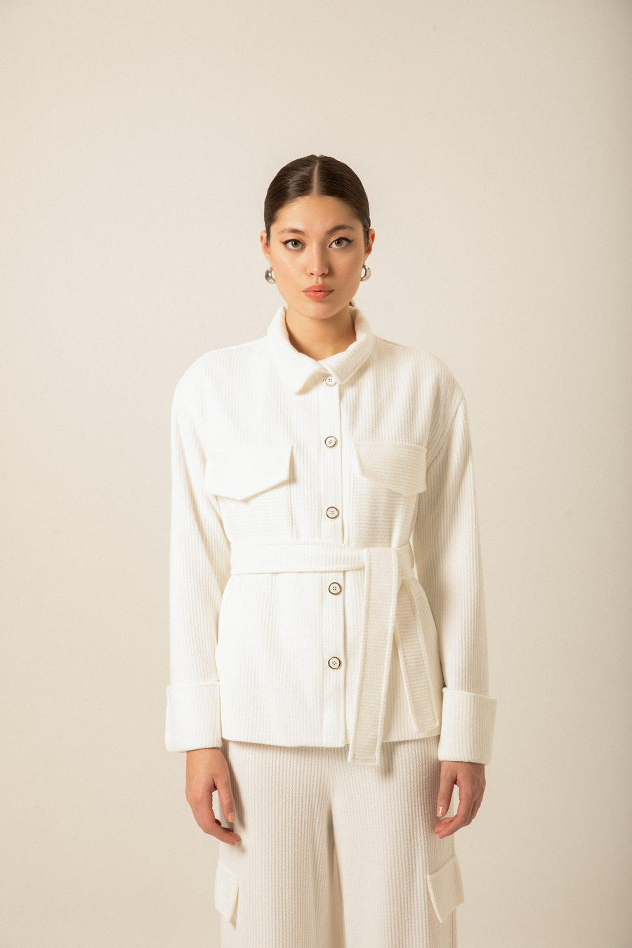 Oversize Knitwear Ecru Jacket With Belt | Porterist