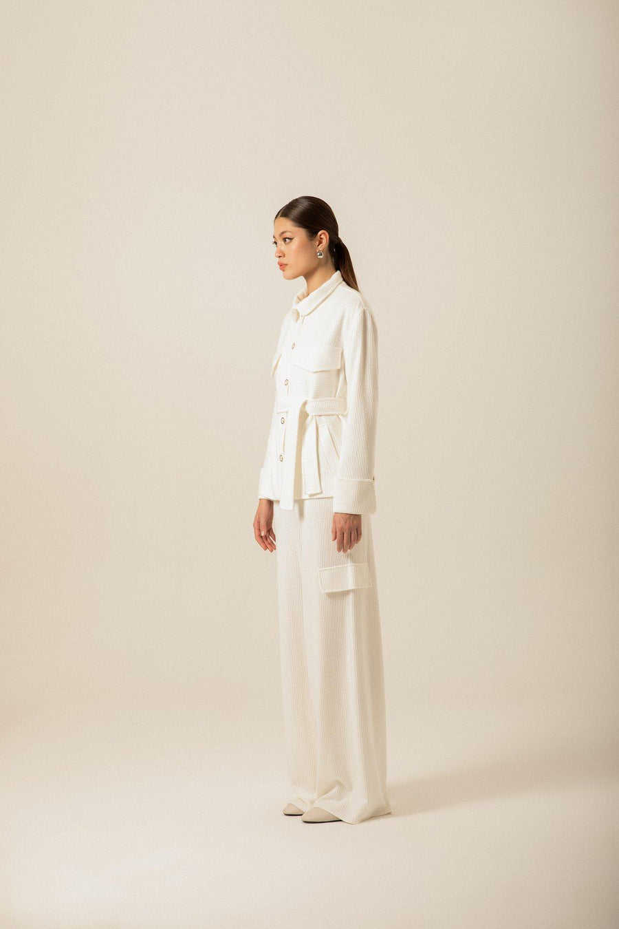 Oversize Knitwear Ecru Jacket With Belt | Porterist