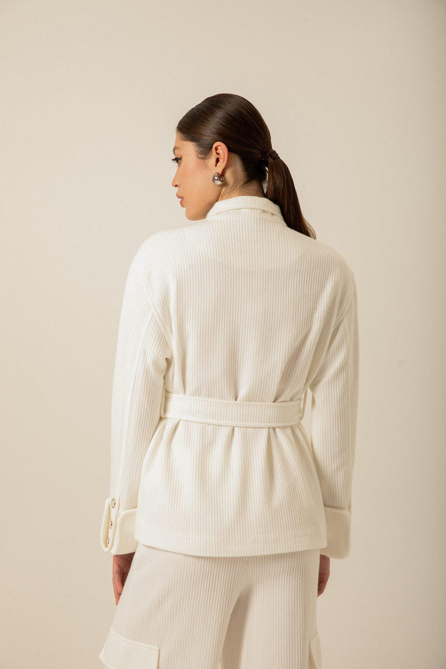 Oversize Knitwear Ecru Jacket With Belt | Porterist