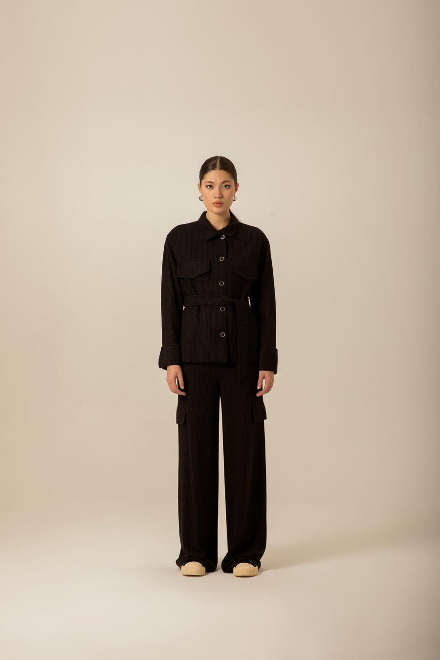 Oversize Knitwear Black Jacket With Belt | Porterist