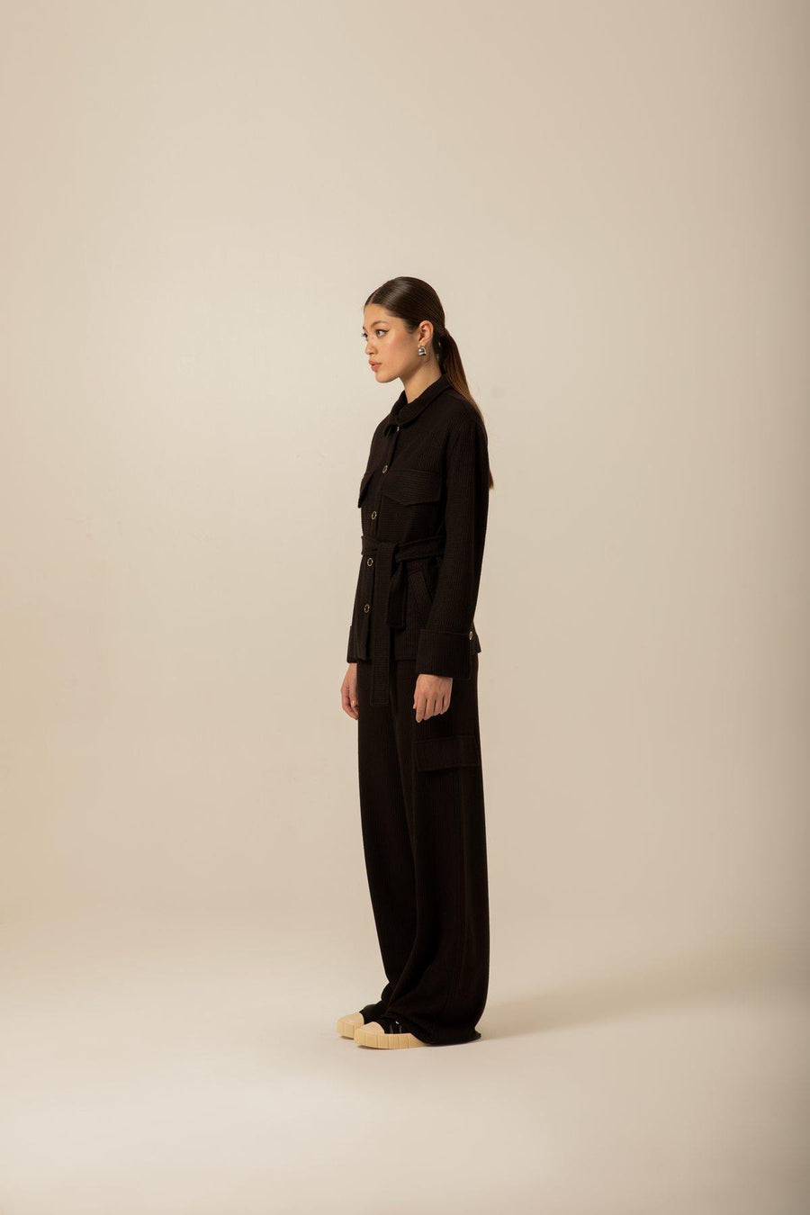 Oversize Knitwear Black Jacket With Belt | Porterist