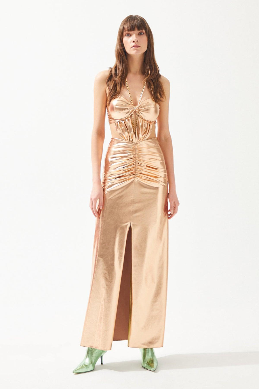 Rose Gold Shiny Neck Chain Strap Slit Dress | Porterist