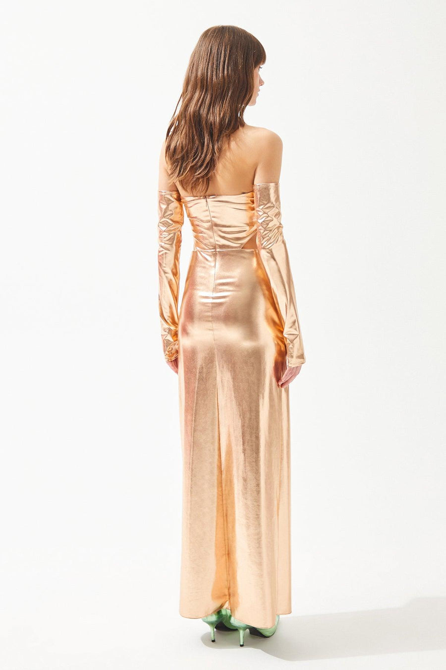 Rose Gold Shiny Neck Chain Strap Slit Dress | Porterist