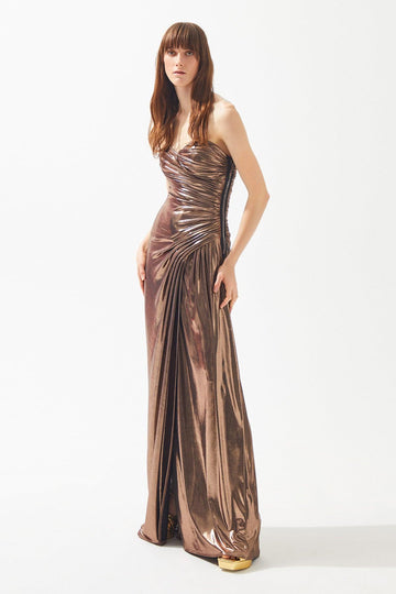 Copper Shiny Strapless Draped Slit Long Dress