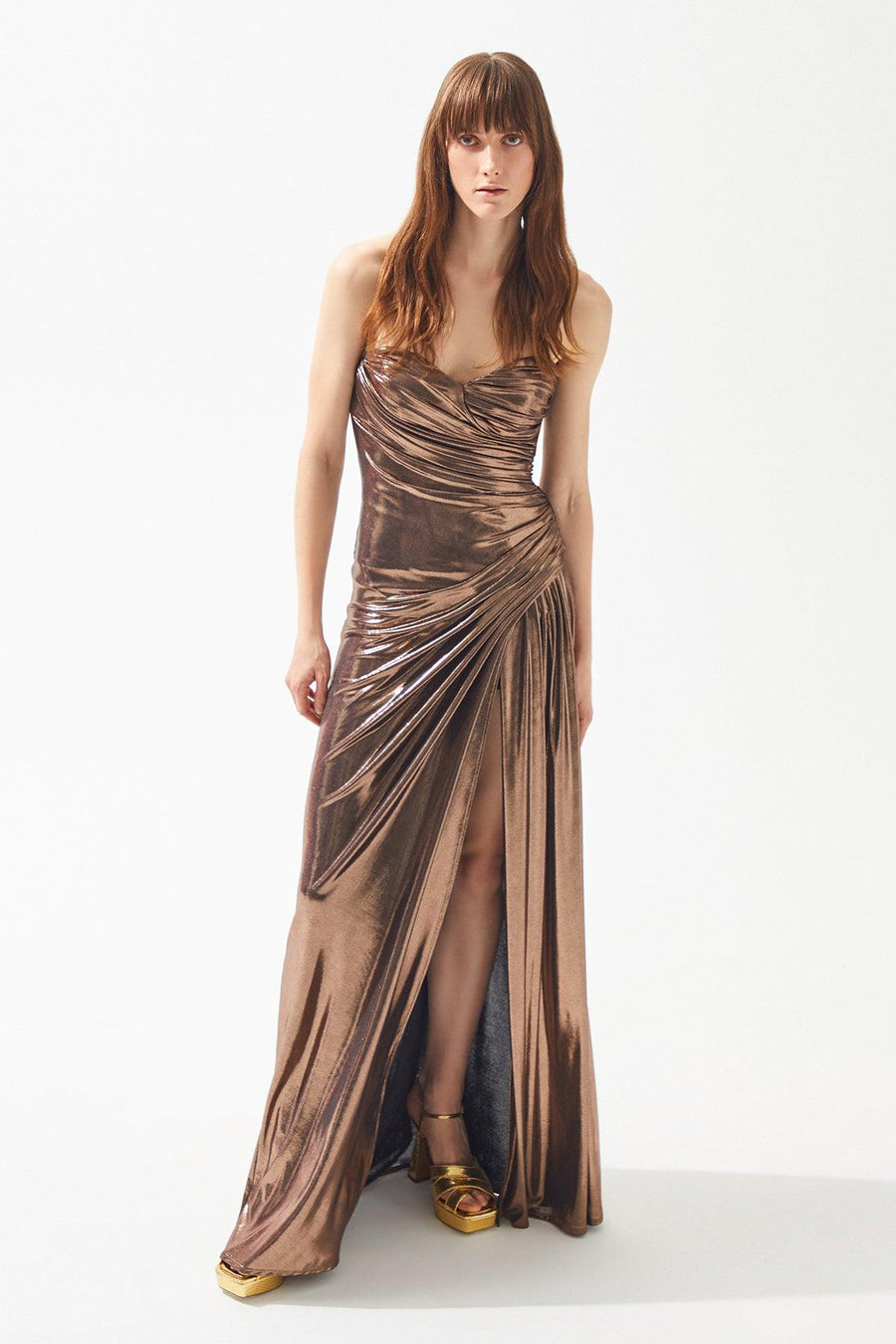 Copper Shiny Strapless Draped Slit Long Dress | Porterist