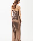 Copper Shiny Strapless Draped Slit Long Dress | Porterist