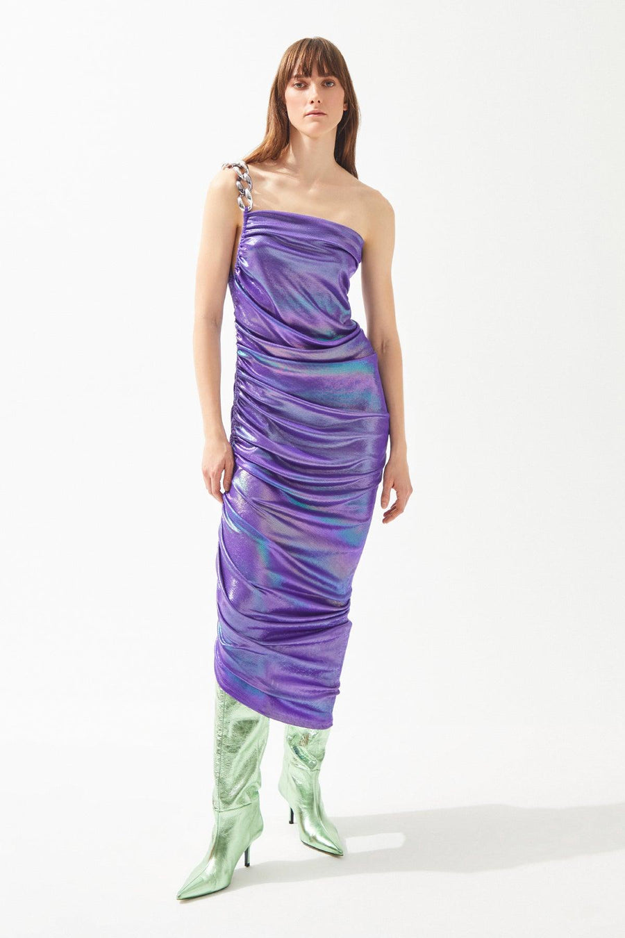 Purple Shiny Asymmetrical Cut Dress With Chain Strap