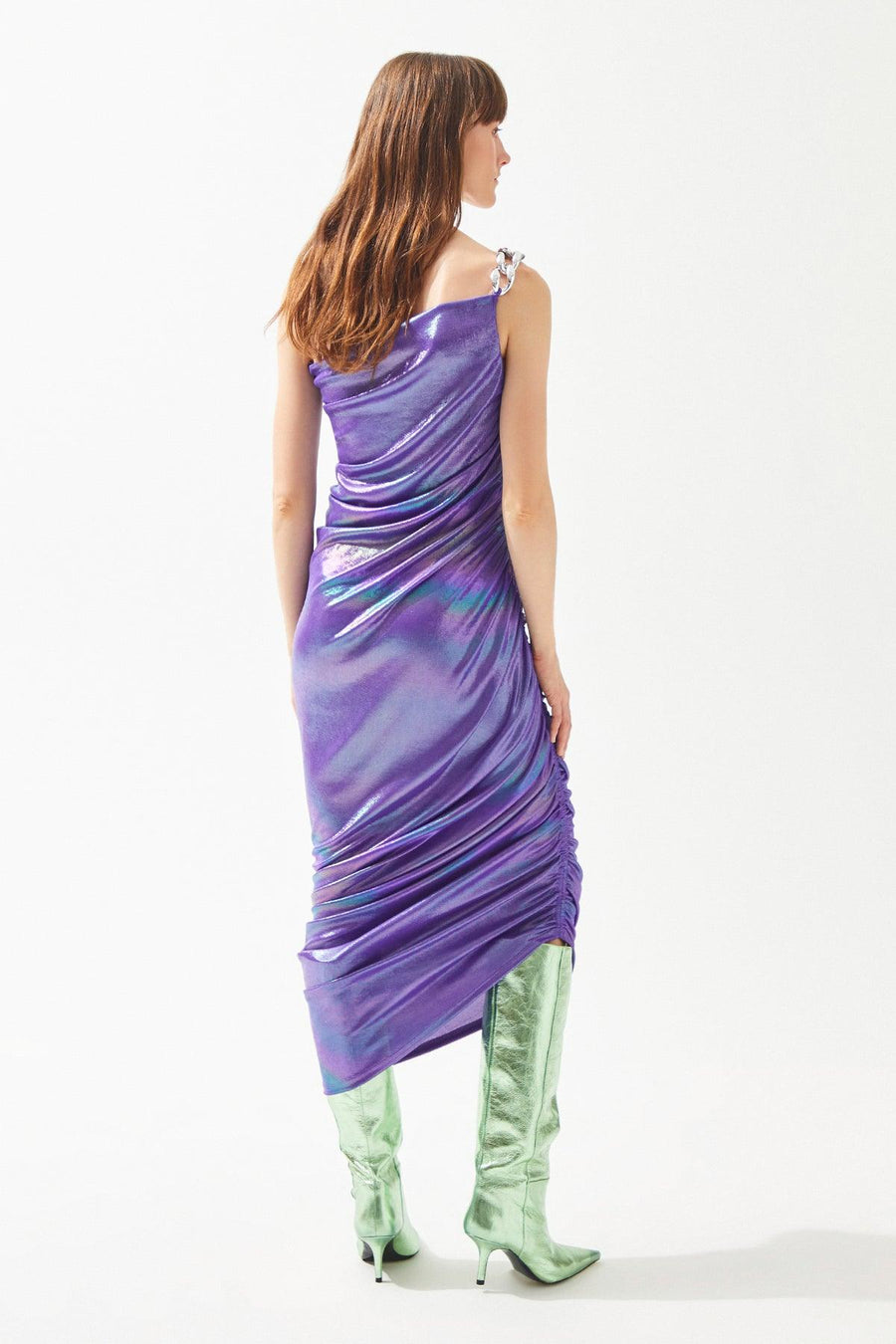 Purple Shiny Asymmetrical Cut Dress With Chain Strap