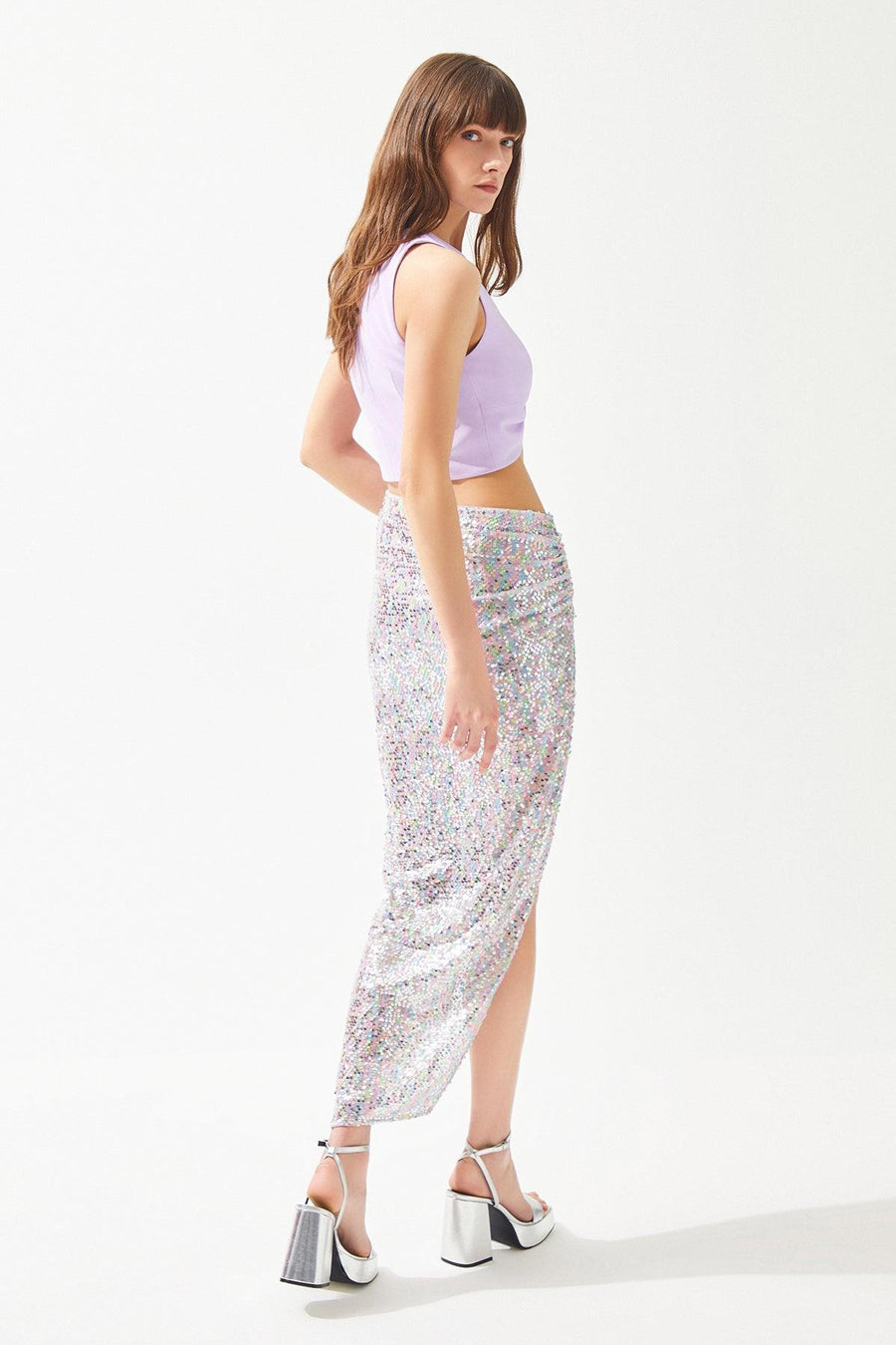 Multicolored Sequined Elasticated Waist Skirt With Deep