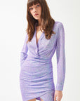 Lilac Sequined Shirt Collar Draped Mini Dress | Porterist