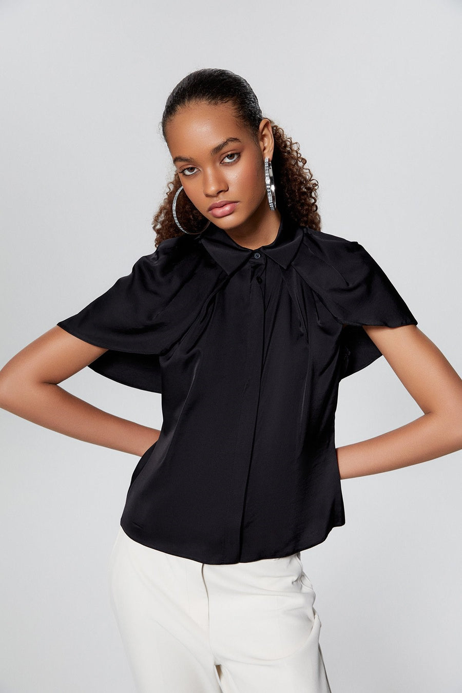 Black Satin Shirt With Cape Detail | Porterist