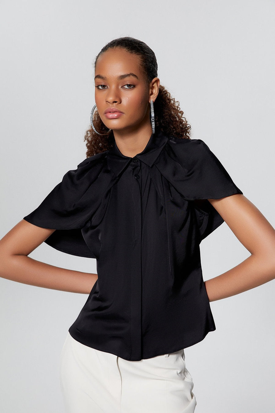 Black Satin Shirt With Cape Detail | Porterist