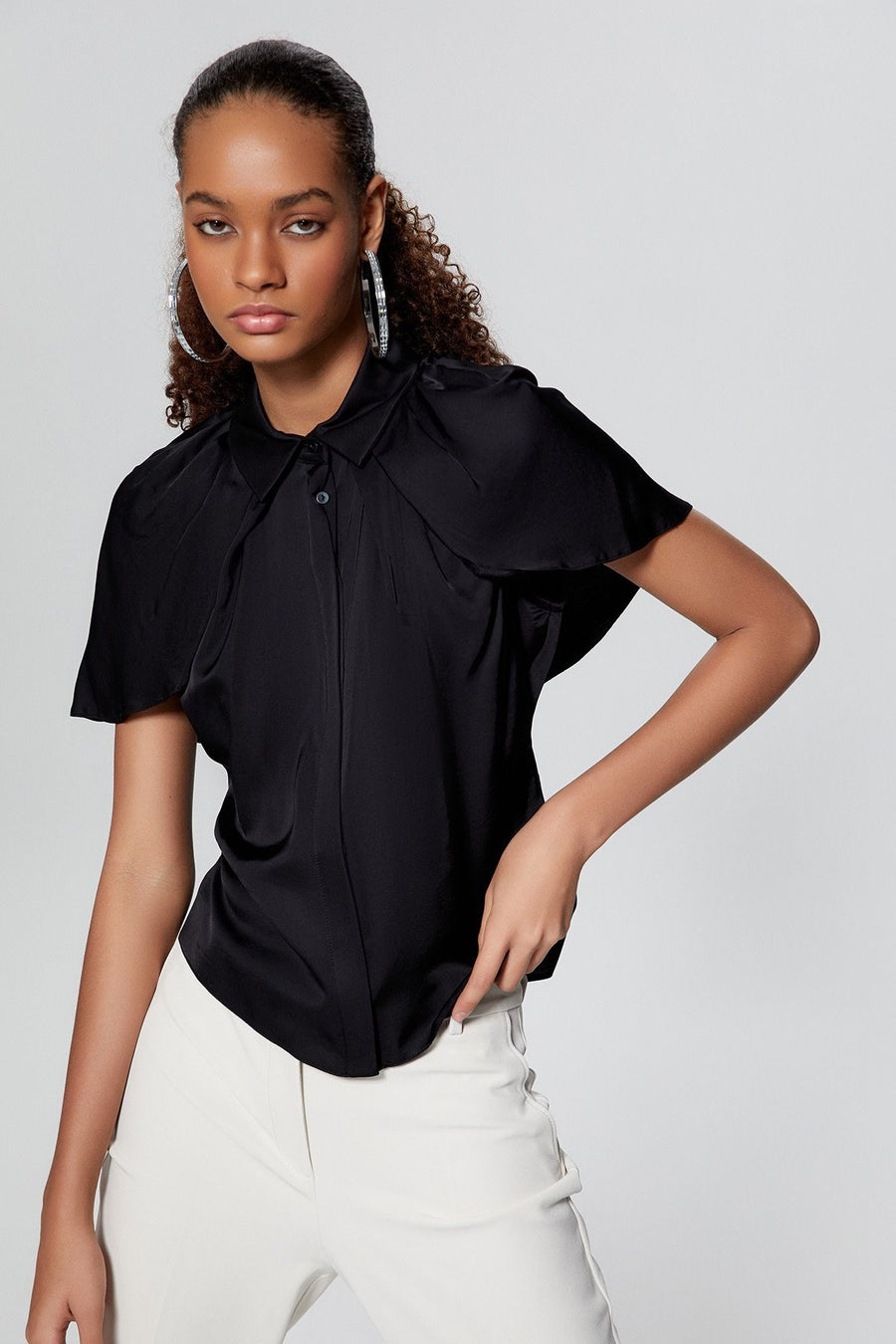 Black Satin Shirt With Cape Detail | Porterist