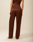 Pleated High Waist Brown Satin Pants | Porterist