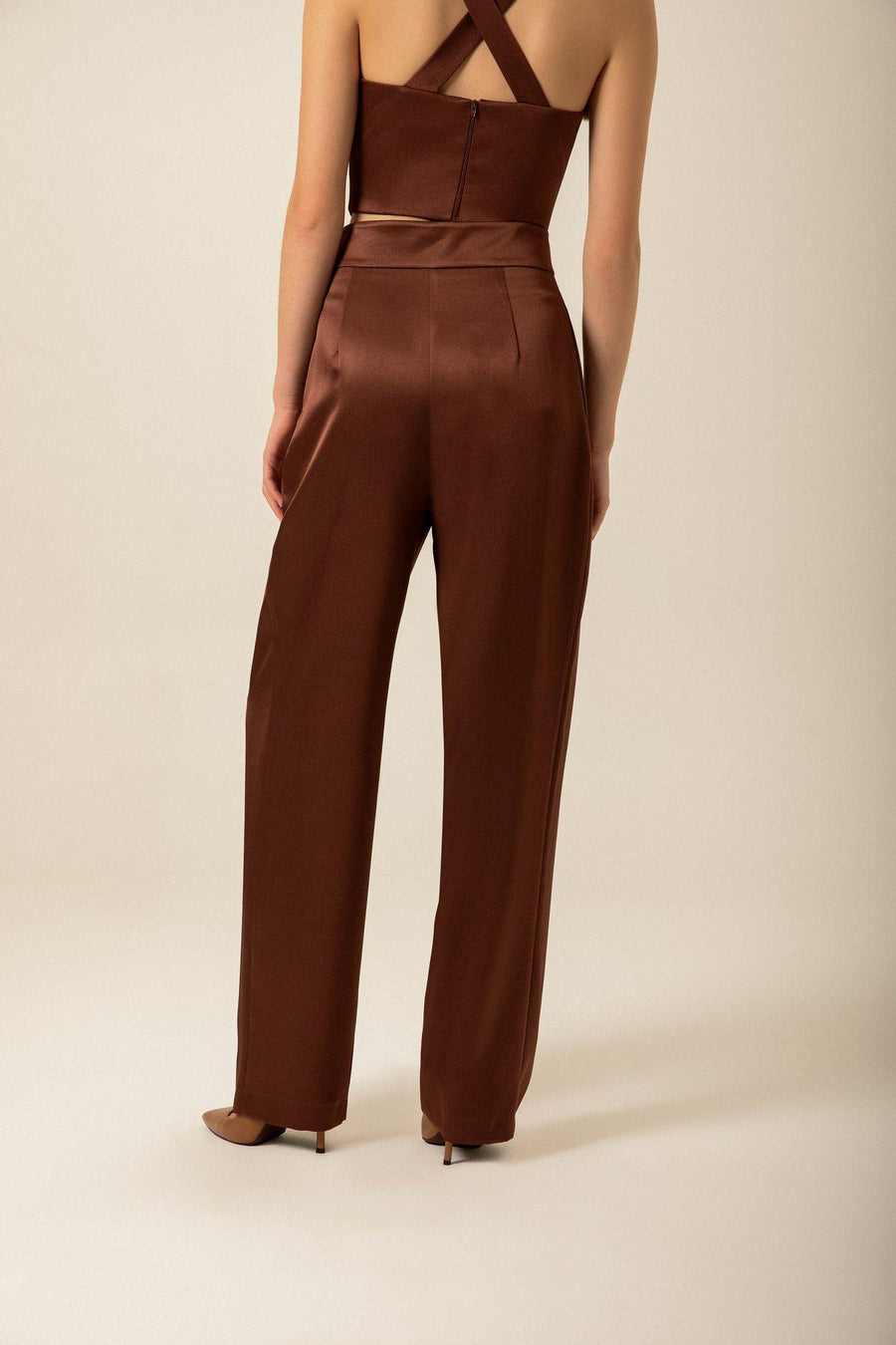 Pleated High Waist Brown Satin Pants | Porterist