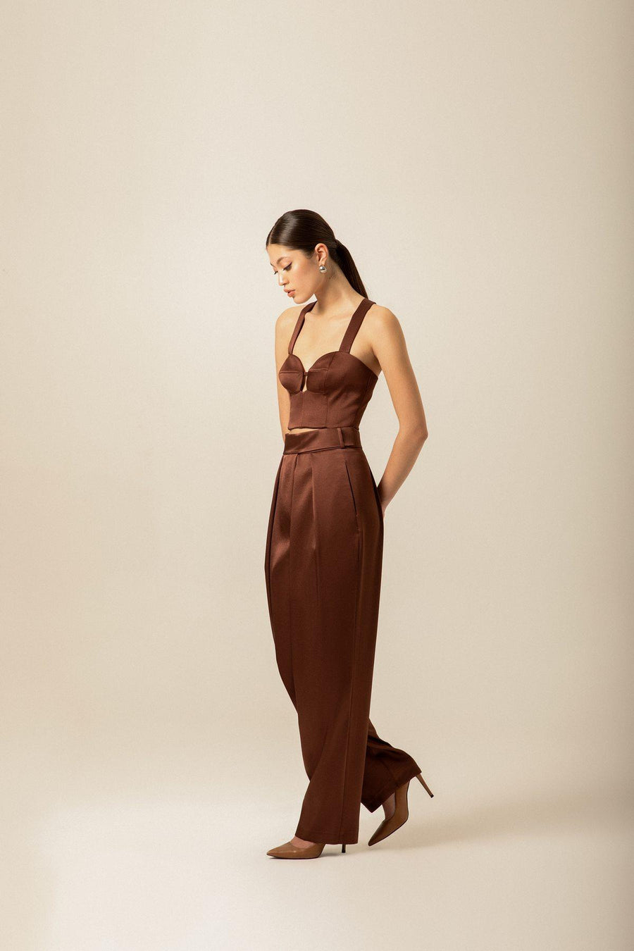 Pleated High Waist Brown Satin Pants | Porterist