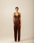 Pleated High Waist Brown Satin Pants | Porterist