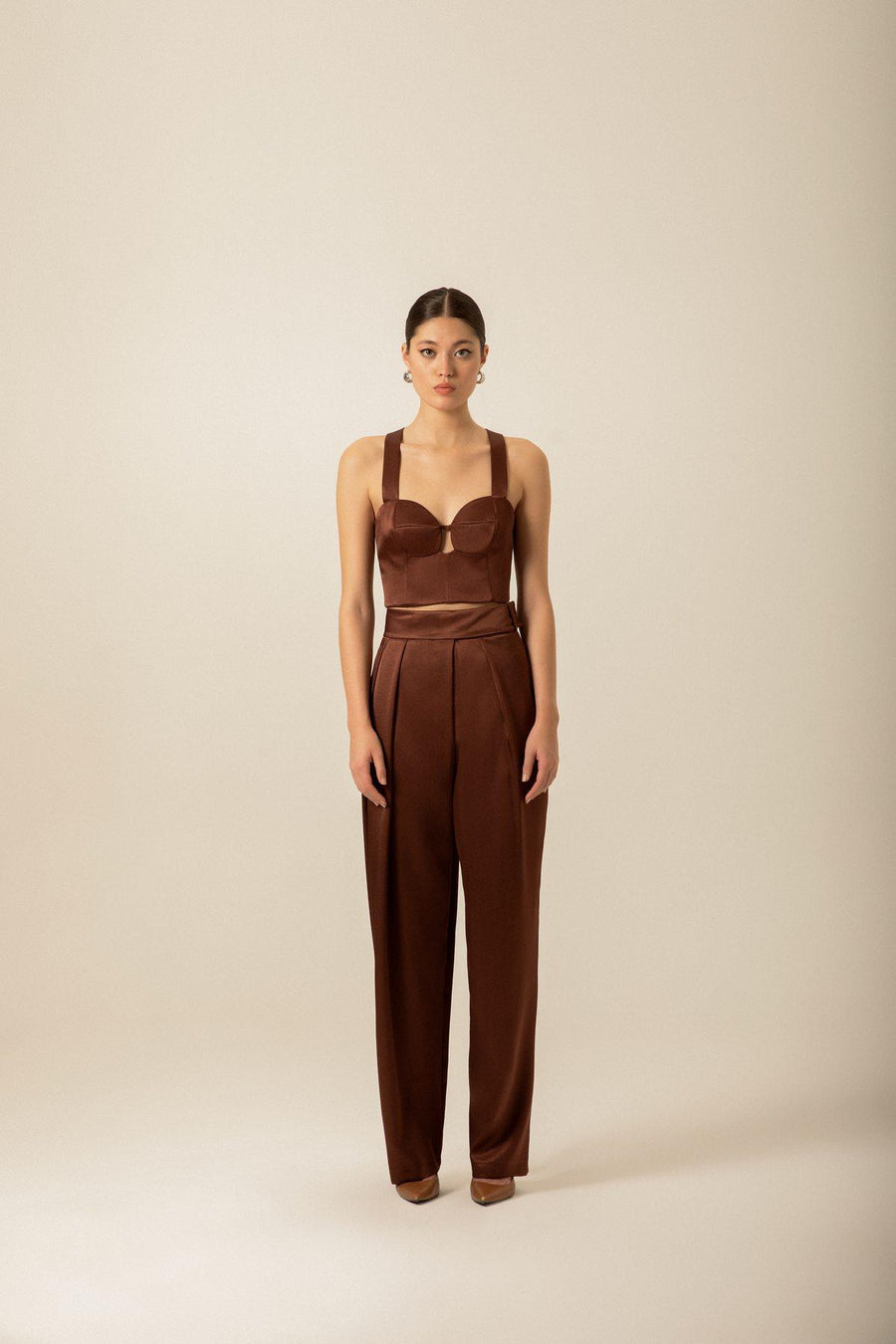 Pleated High Waist Brown Satin Pants | Porterist