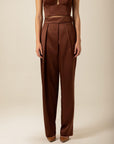 Pleated High Waist Brown Satin Pants | Porterist