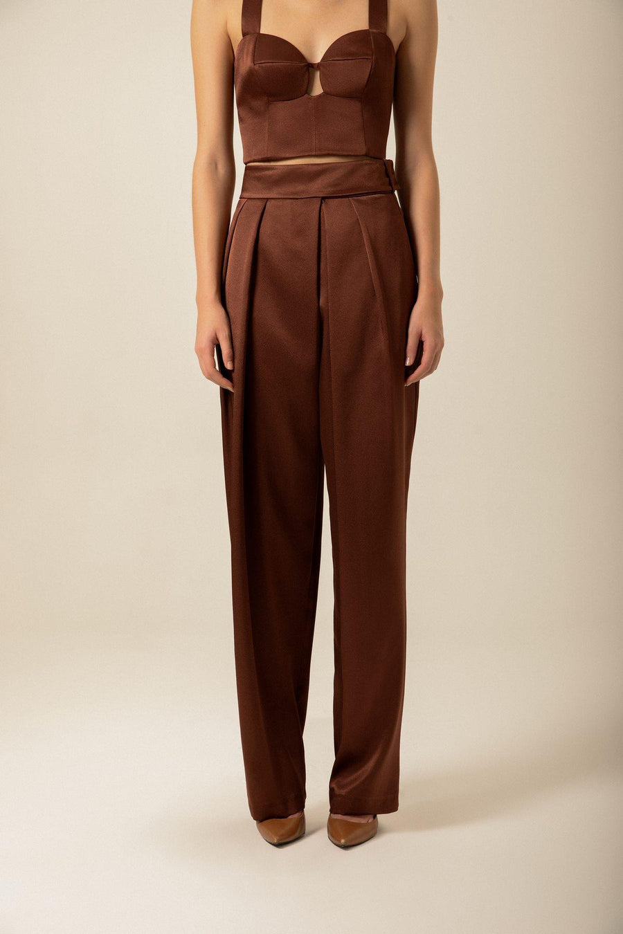 Pleated High Waist Brown Satin Pants | Porterist