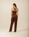 Pleated High Waist Brown Satin Pants | Porterist