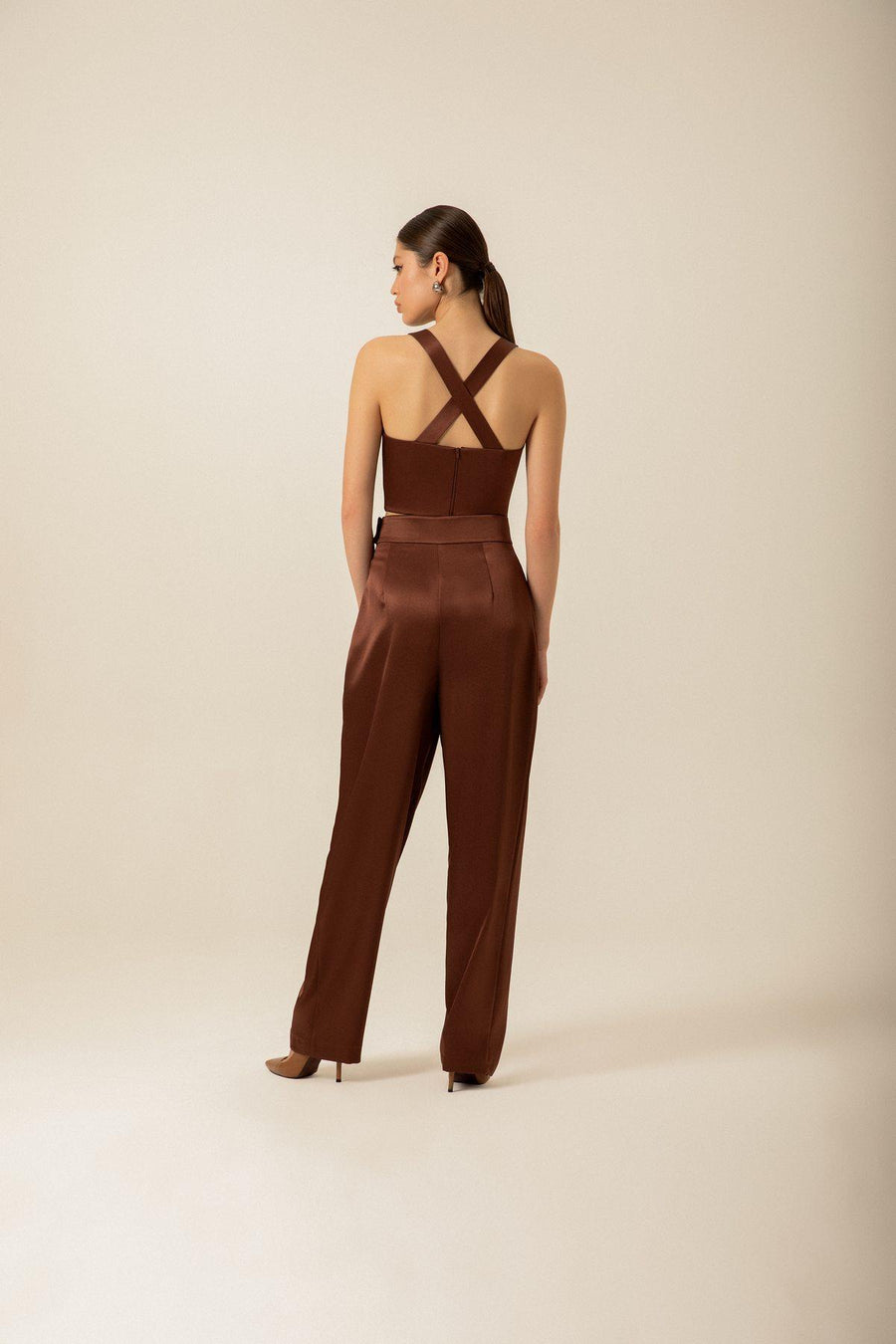 Pleated High Waist Brown Satin Pants | Porterist