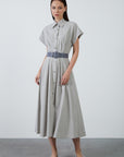 Gingham Short Sleeve Grey Dress With Maxi Shirt Collar