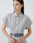 Gingham Short Sleeve Grey Dress With Maxi Shirt Collar