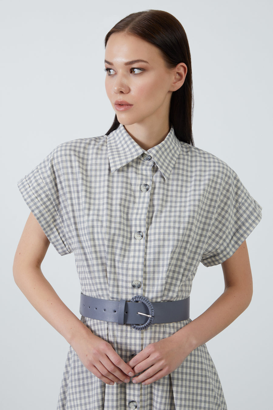 Gingham Short Sleeve Grey Dress With Maxi Shirt Collar