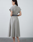 Gingham Short Sleeve Grey Dress With Maxi Shirt Collar