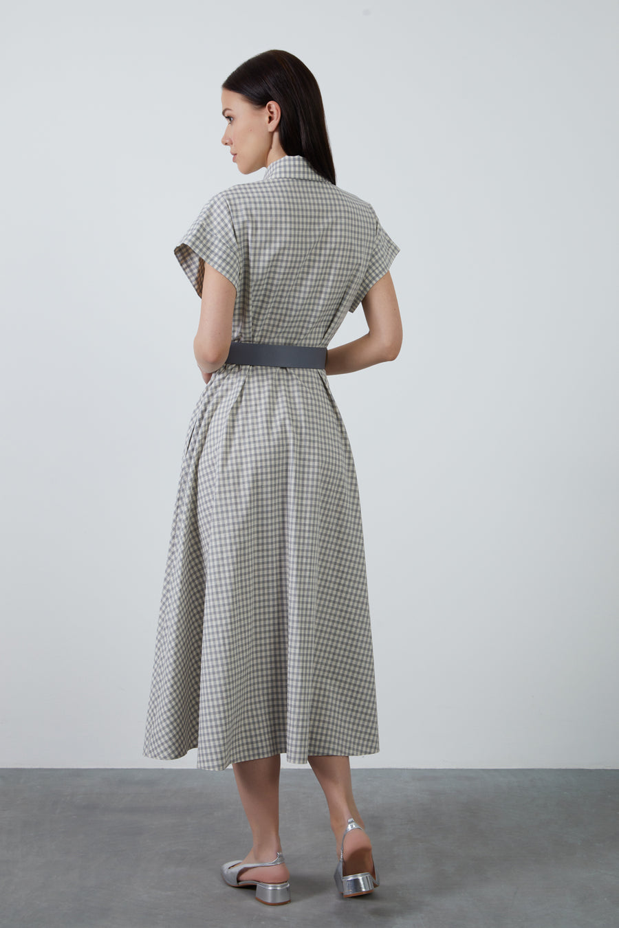 Gingham Short Sleeve Grey Dress With Maxi Shirt Collar