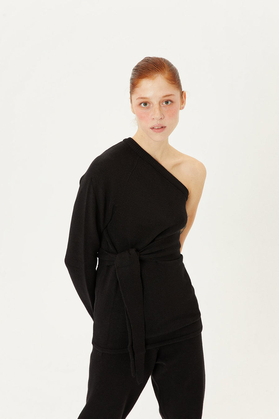 Black Asymmetrical Belted Blouse | Porterist