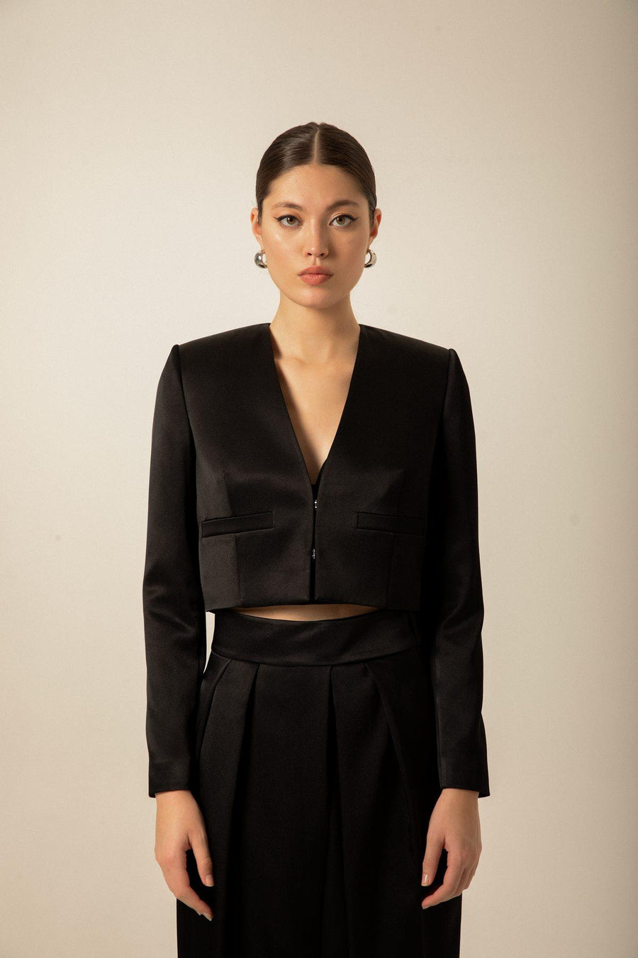 Black Satin Crop Jacket | Porterist