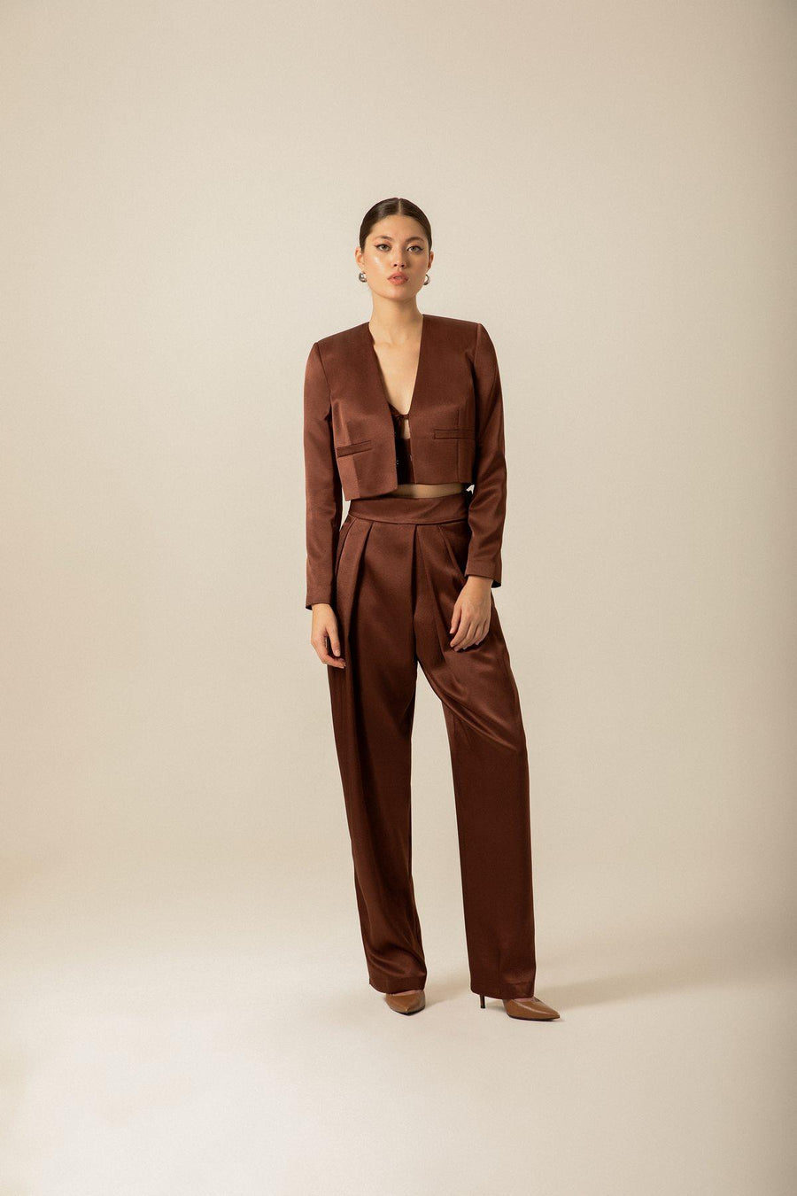 Brown Satin Crop Blazer | Porterist