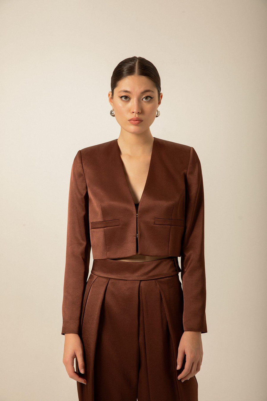 Brown Satin Crop Blazer | Porterist