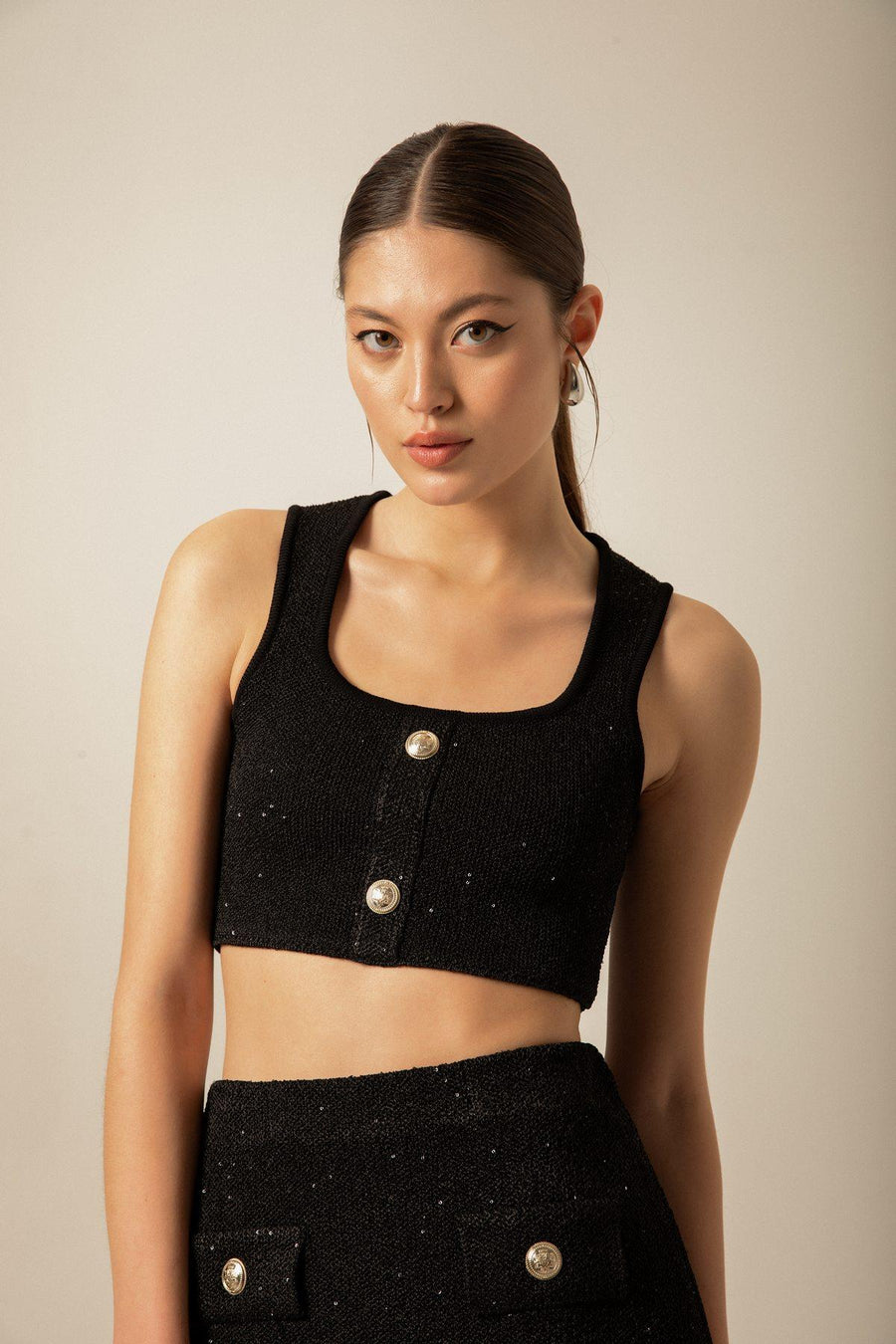 Buttons Sequin Drawstring Black Knitwear Bustier | Porterist