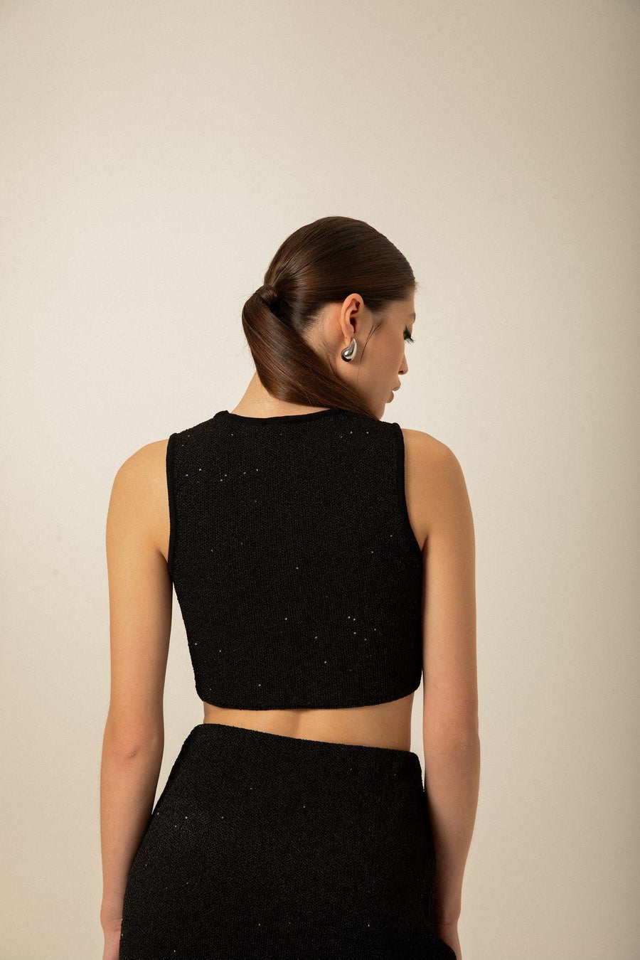 Buttons Sequin Drawstring Black Knitwear Bustier | Porterist