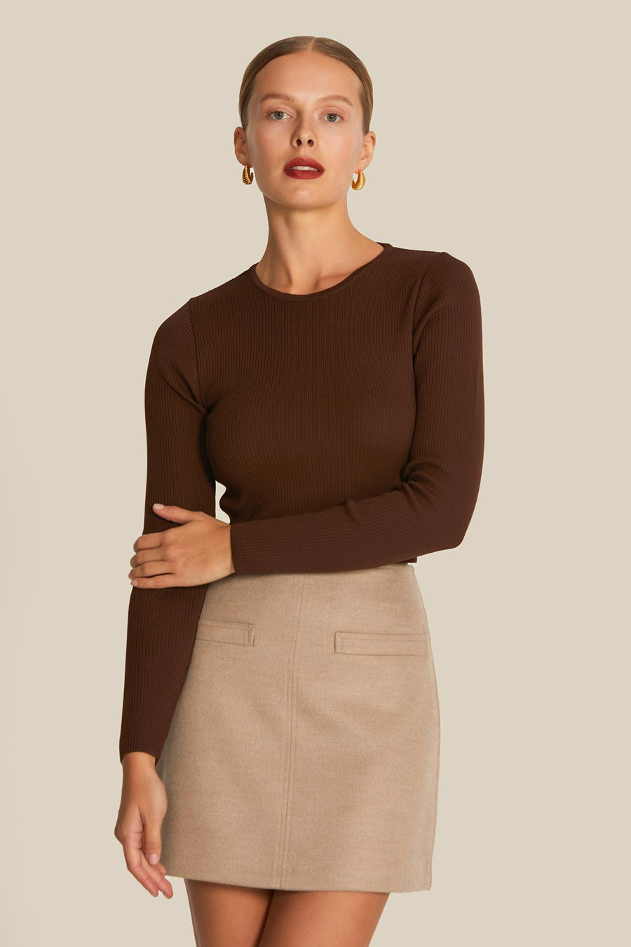 Zero Neck Short Brown Knit Sweater | Porterist