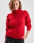 Red Knitted Sweater With Back Detailed Hair Weave Pompoms