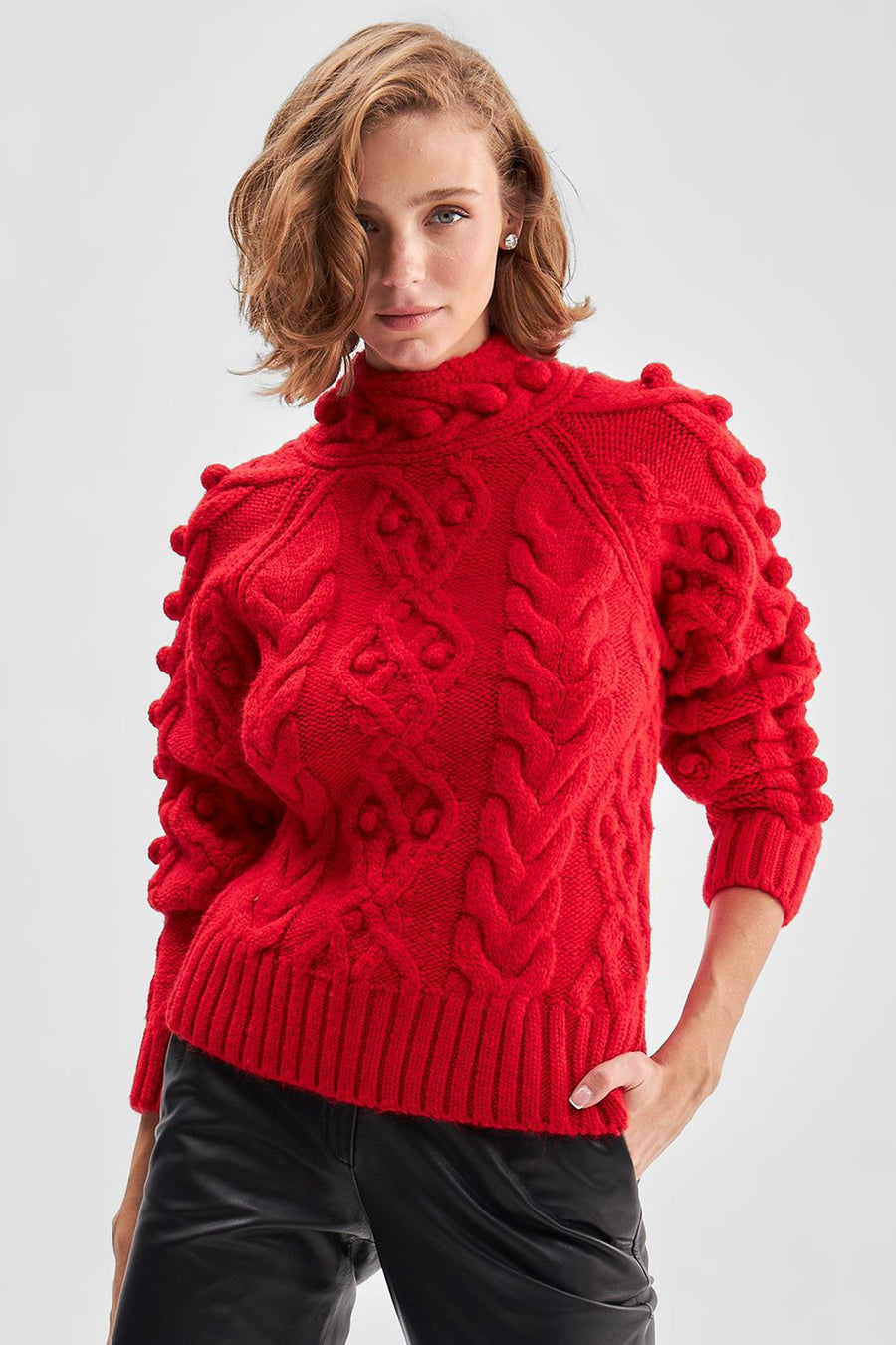 Red Knitted Sweater With Back Detailed Hair Weave Pompoms