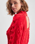 Red Knitted Sweater With Back Detailed Hair Weave Pompoms